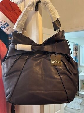 Kooba Dark Brown Leather Pleated Shoulder Bag with Bow Accent